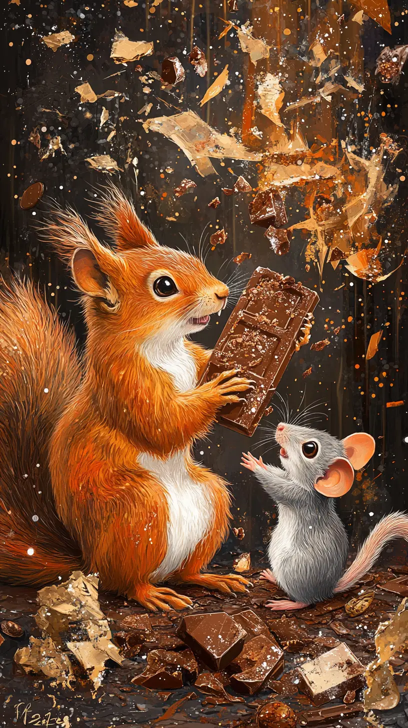 Squirrel And Mouse Sharing A Giant Chocolate Bar