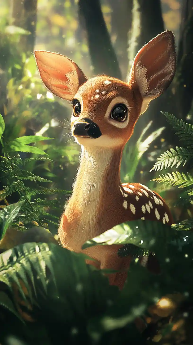 Young fawn resting among sunlit forest ferns