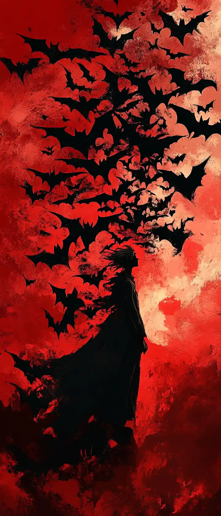Dark anime figure dissolving into bats in red sky