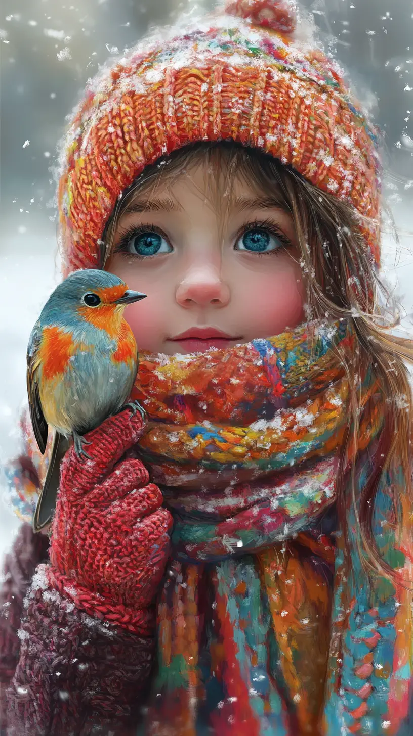 Young girl holding a robin in winter snowfall