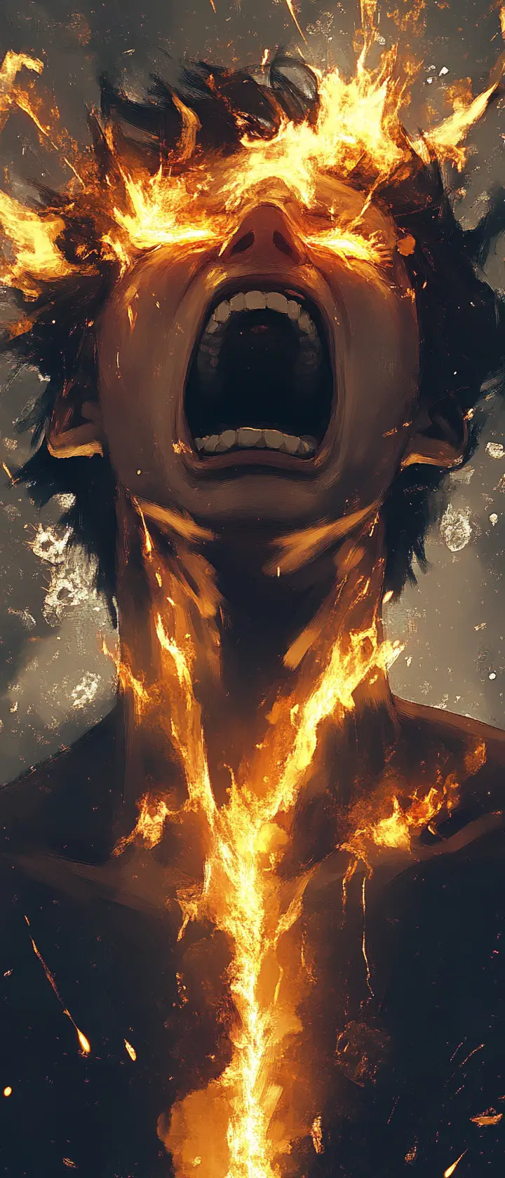 Anime girl screaming as golden fire erupts around her