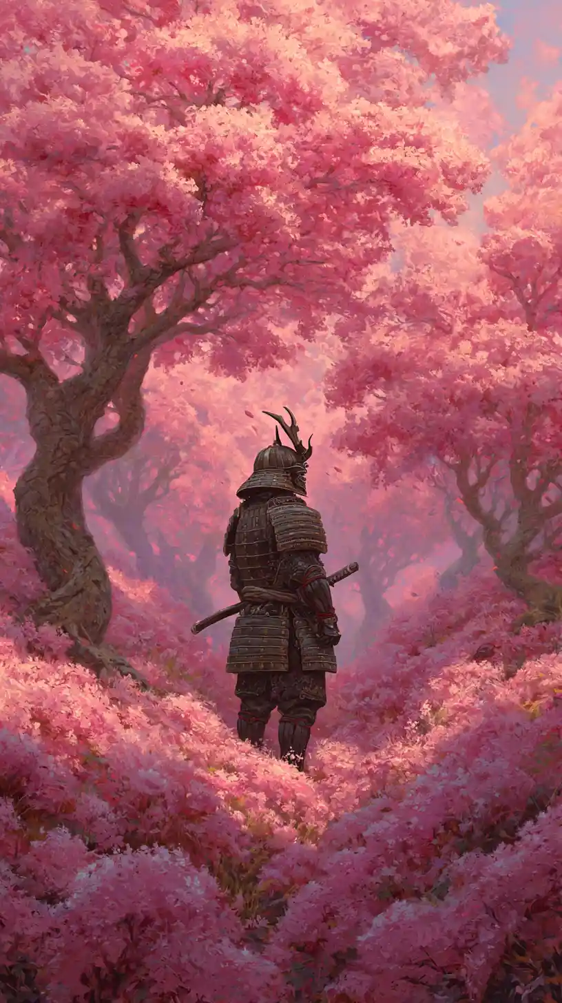 Samurai warrior standing in blooming cherry blossom forest