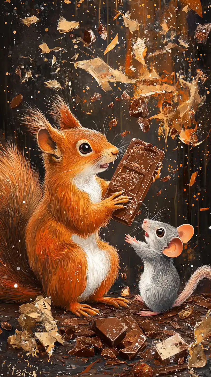 Squirrel And Mouse Sharing A Giant Chocolate Bar