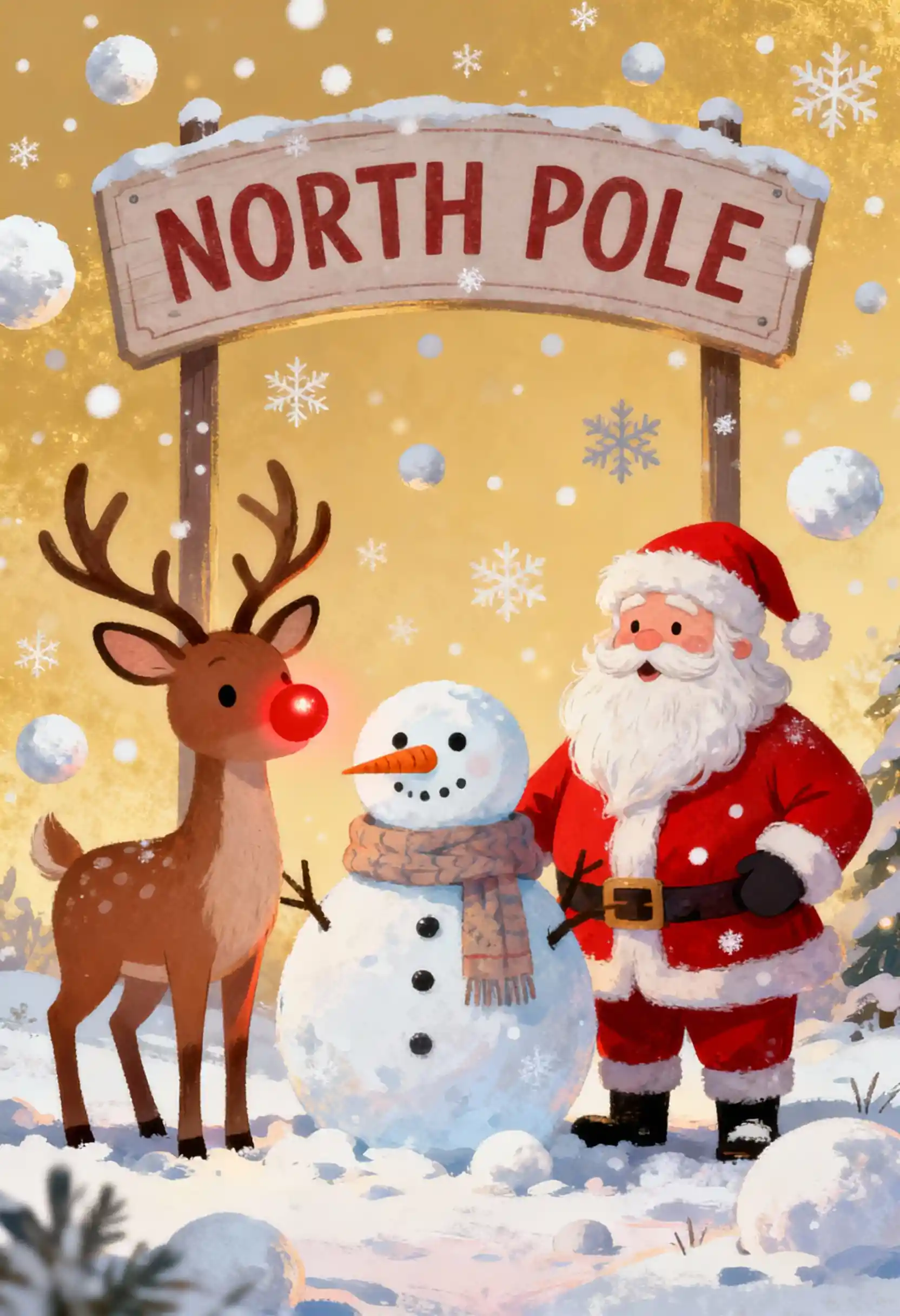 Rudolph Snowman And Santa At The North Pole Sign