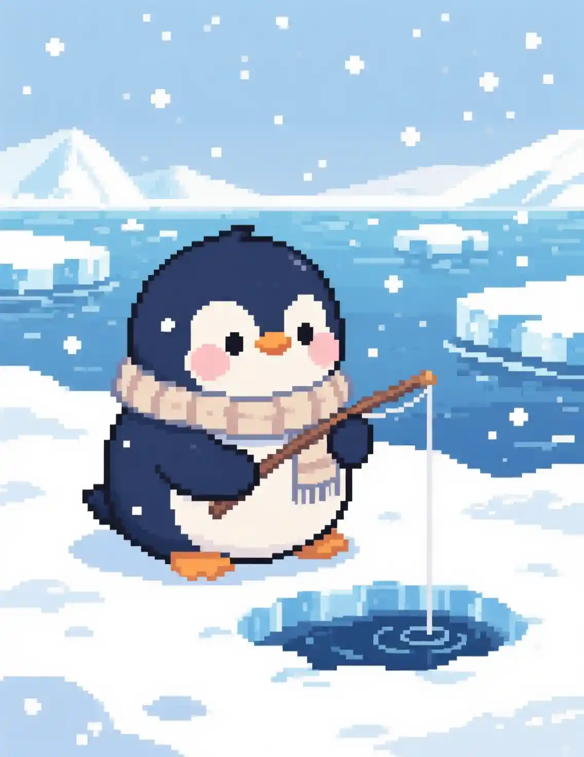Cute pixel penguin fishing in a snowy polar landscape