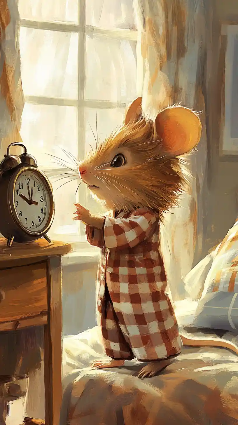 Cute mouse in pajamas reaching for morning alarm clock