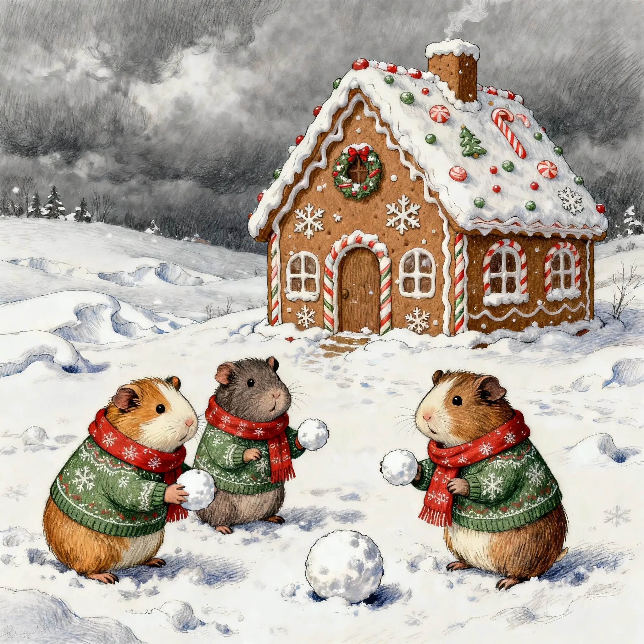 Cozy Gingerbread House With Guinea Pigs In Snowy Landscape