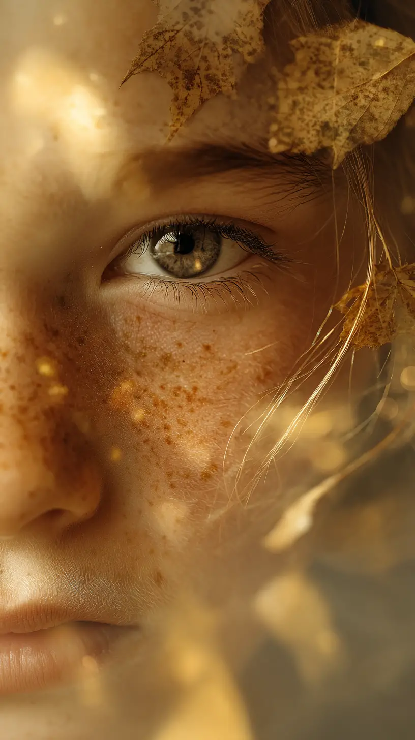 Dreamy double exposure portrait of a young freckled girl
