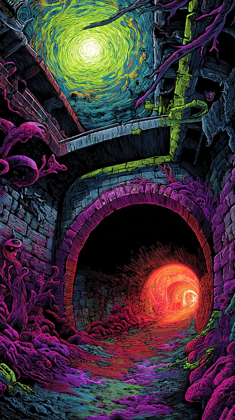 Vivace illustrazione digitale di un tunnel sotterraneo astratto