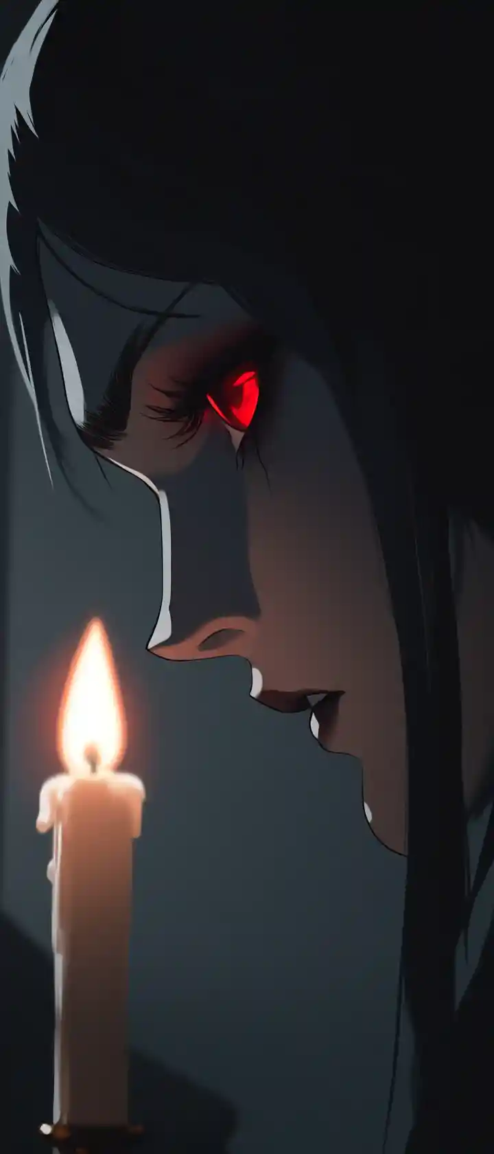 Anime vampire close up in candlelight with tense sorrow