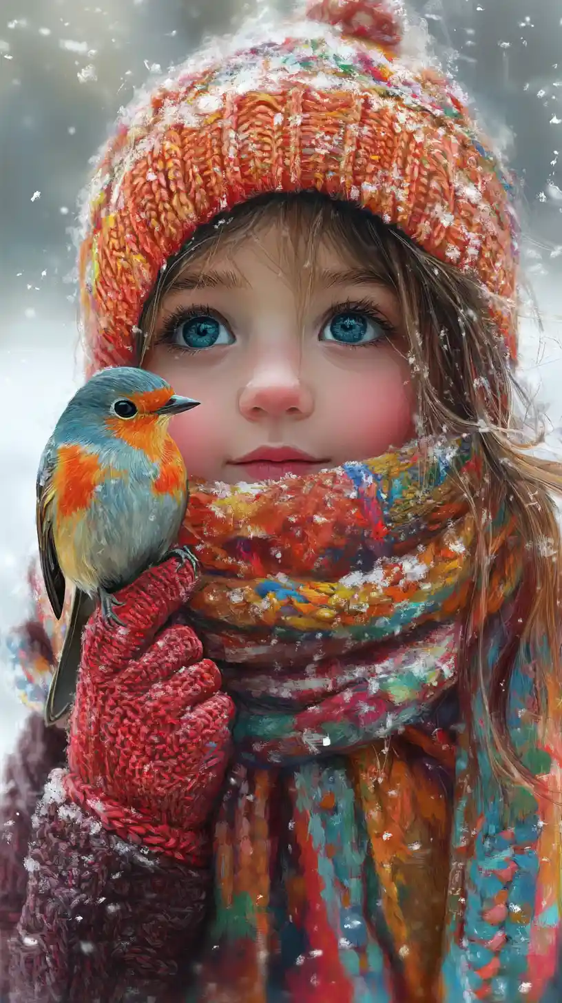 Young girl holding a robin in winter snowfall