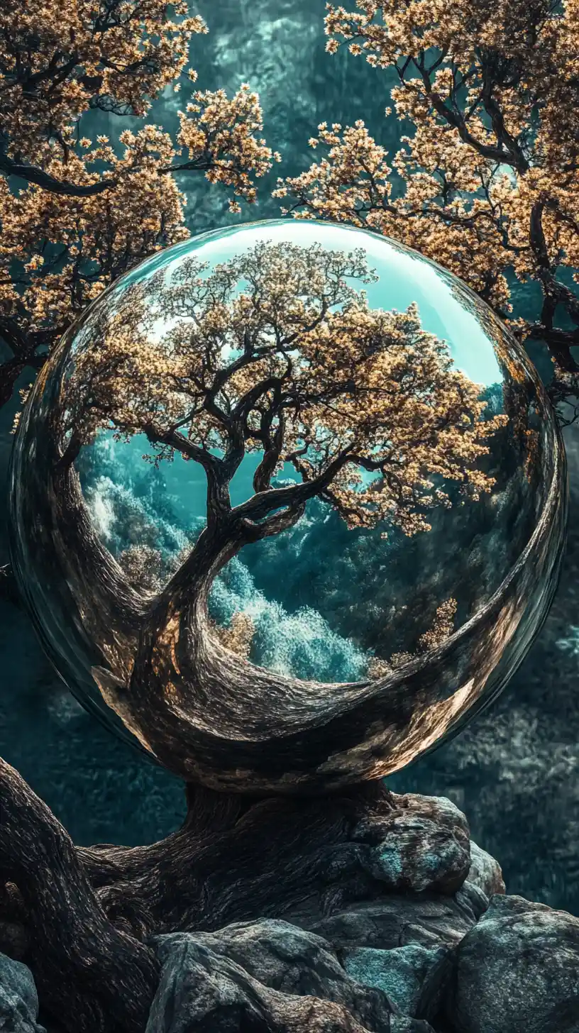 Surreal biomorphic tree with reflective spheres and inner world