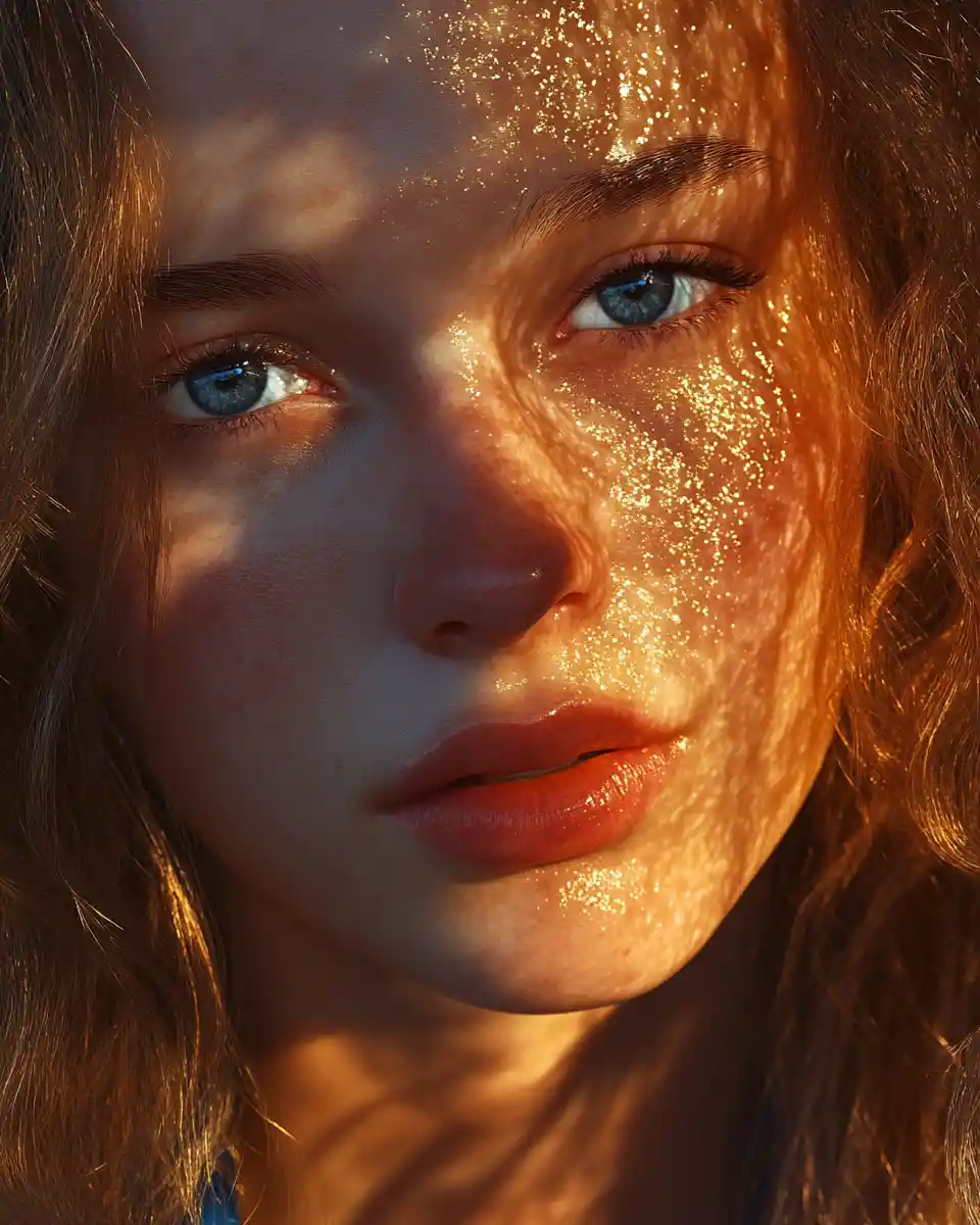Dramatic close up of a woman with golden light