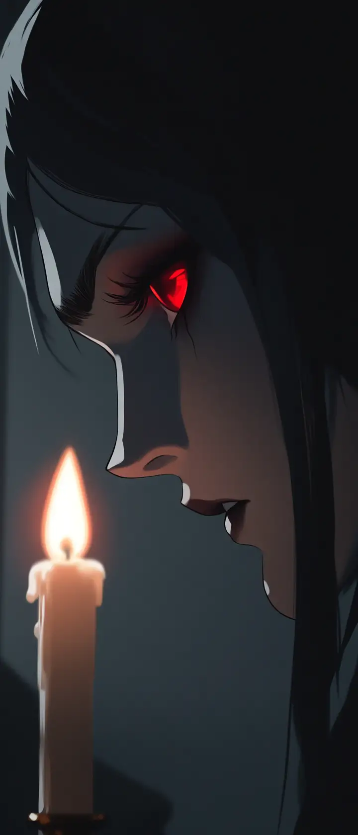 Anime vampire close up in candlelight with tense sorrow