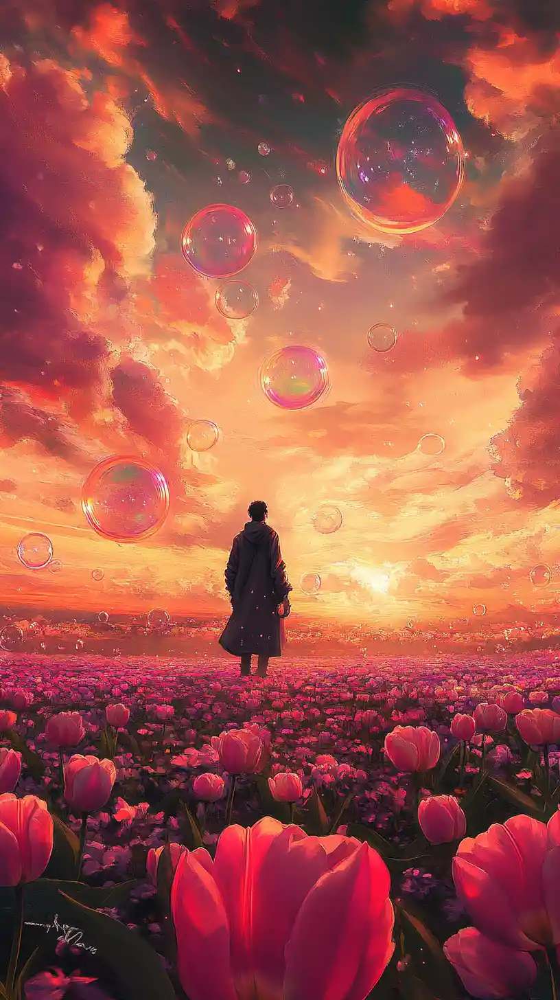 Magician In Colorful Tulip Field With Floating Bubbles