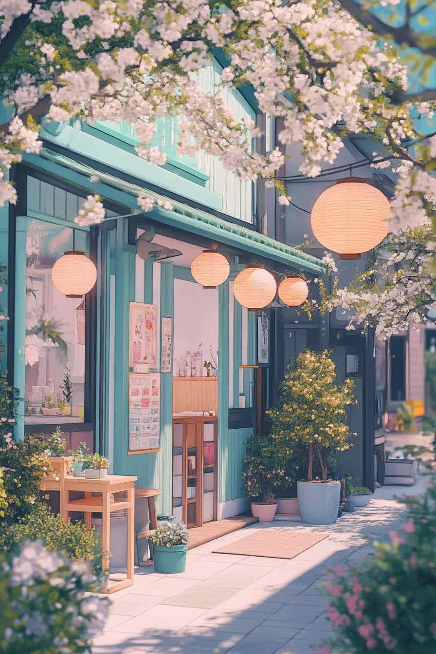 Cozy Anime Japanese Town In Vibrant Pastel Colors