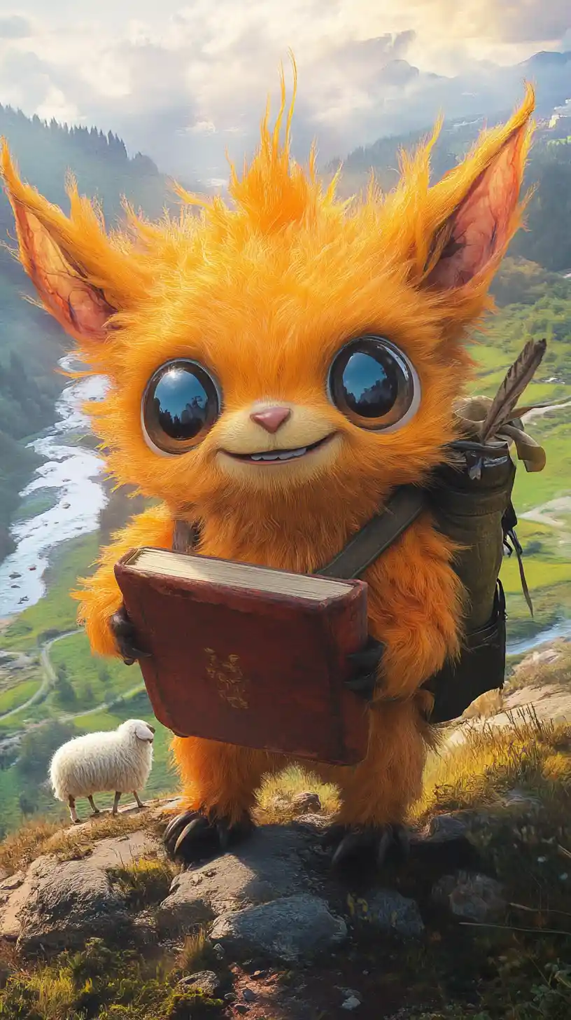 Cheerful Fantasy Creature With Magical Book On Mountain
