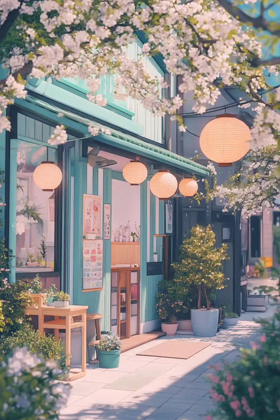 Charmante petite ville japonaise d’anime aux couleurs pastel vibrantes