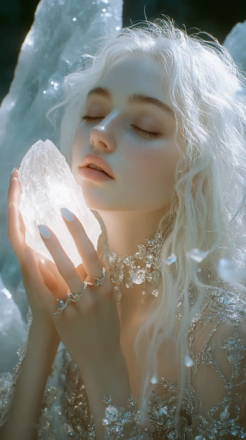 Mystical woman with glowing crystal in crystal cave