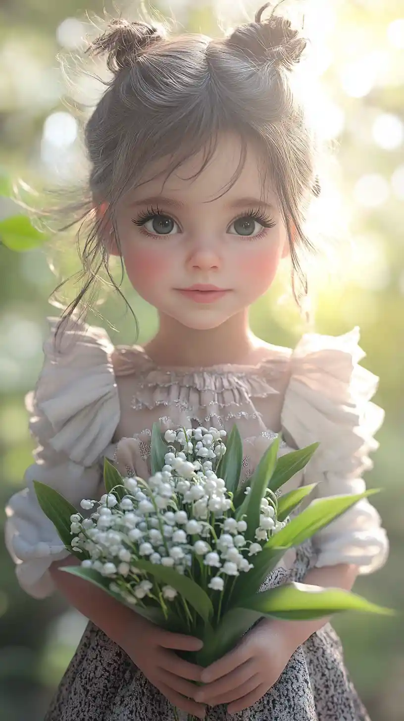 Cute little girl holding lily of the valley bouquet