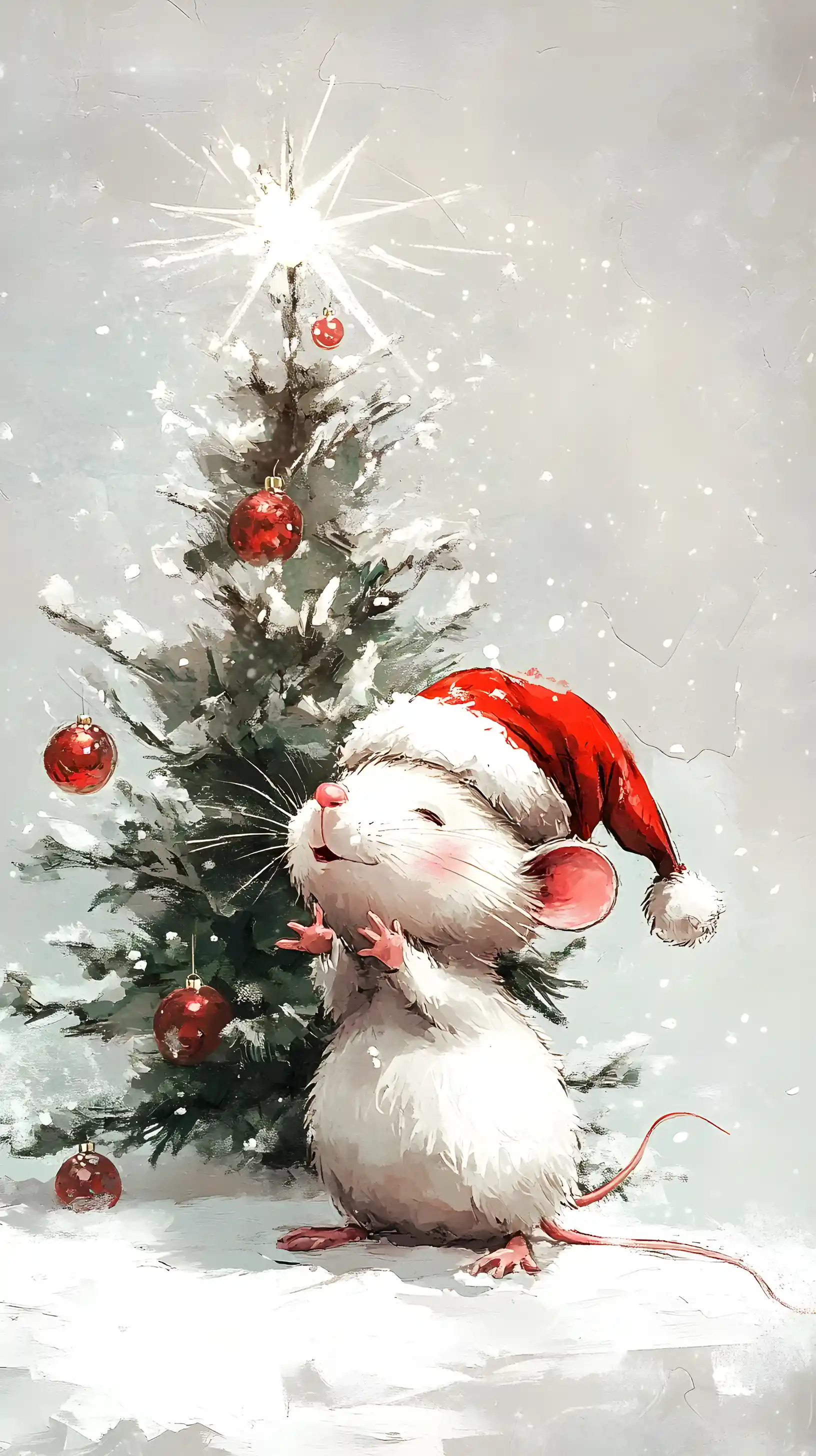 Cute white mouse in santa hat by a small christmas tree