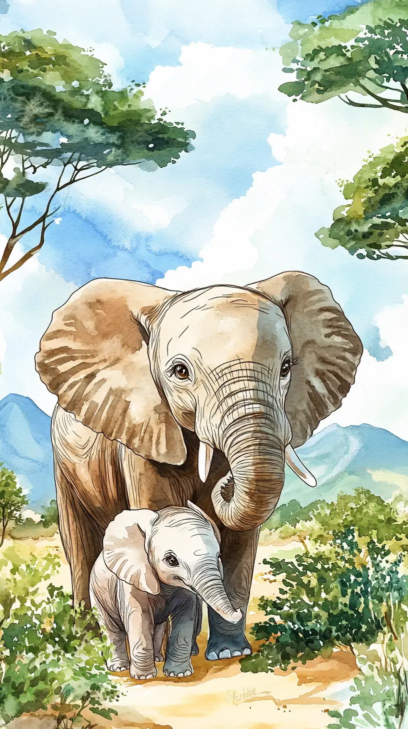 Watercolor close up of elephant mother with baby in savanna