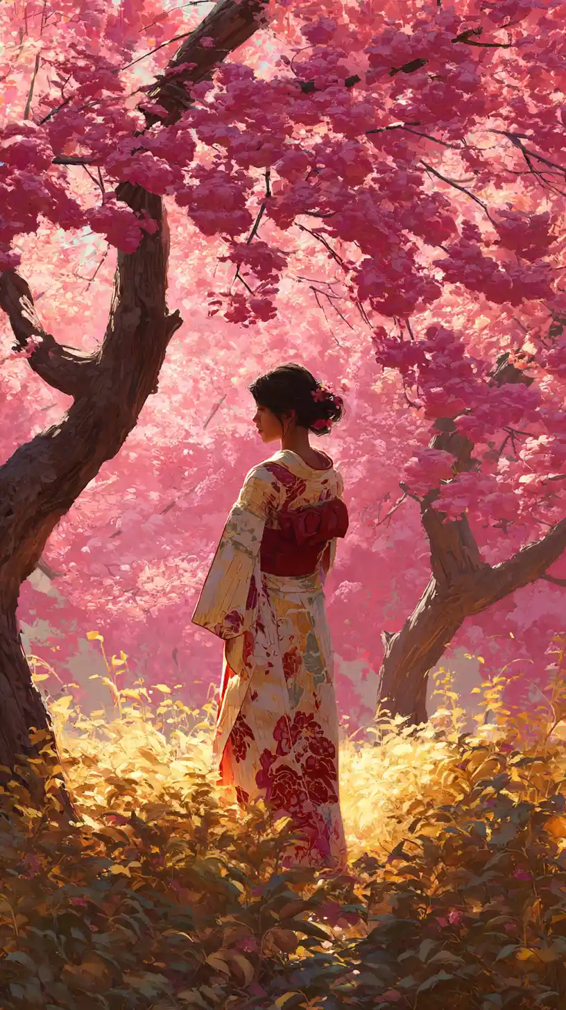 Woman in kimono under cherry blossoms in warm sunlight