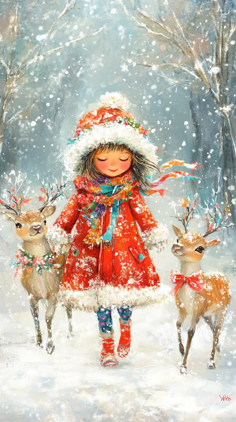 Girl In Red Coat Walking With Reindeer In Snow