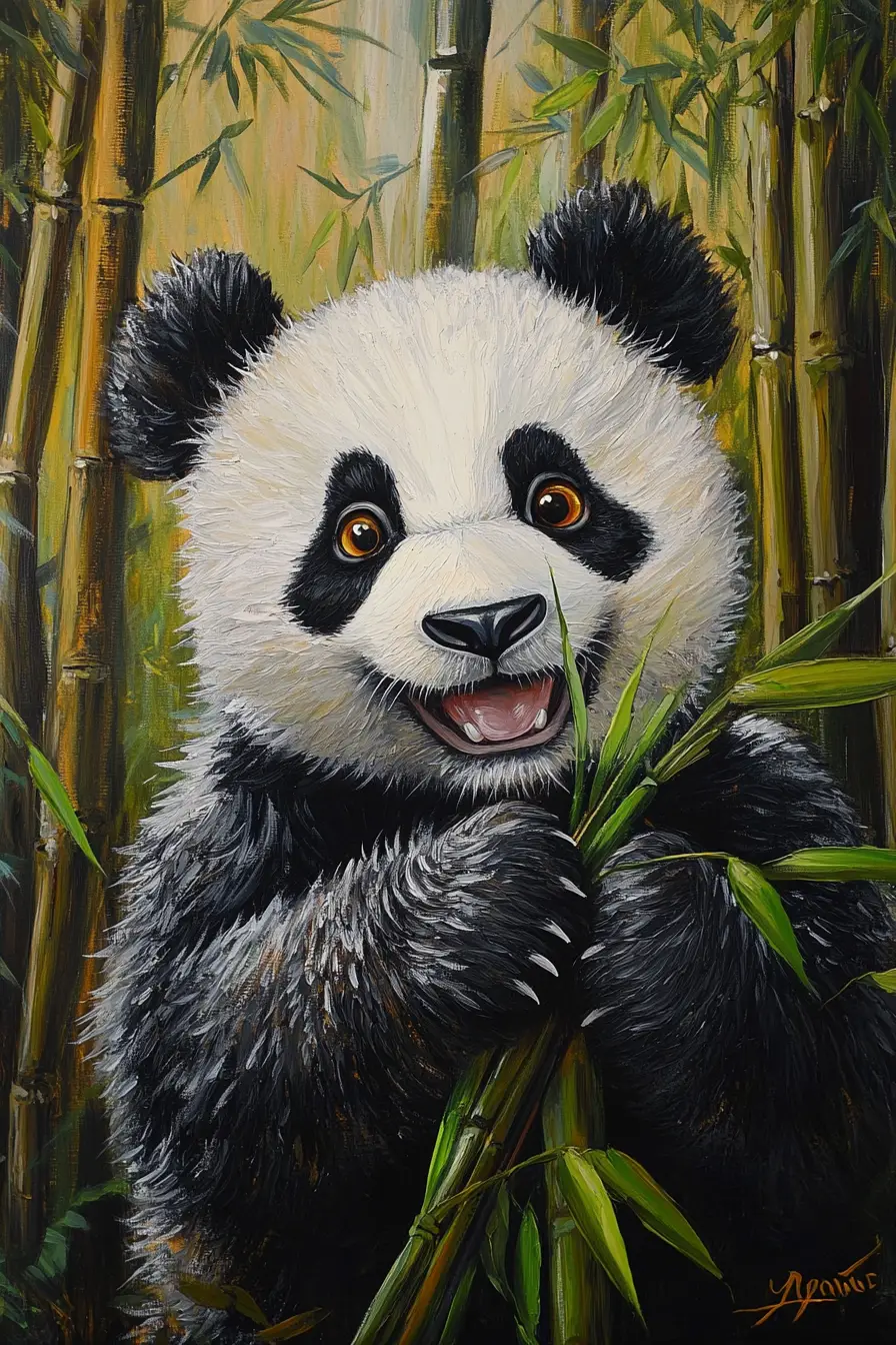 Cute happy panda leaning forward in bamboo forest