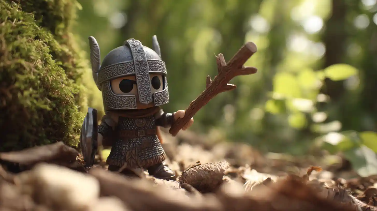 Toy style medieval warrior battling with a tree branch in forest