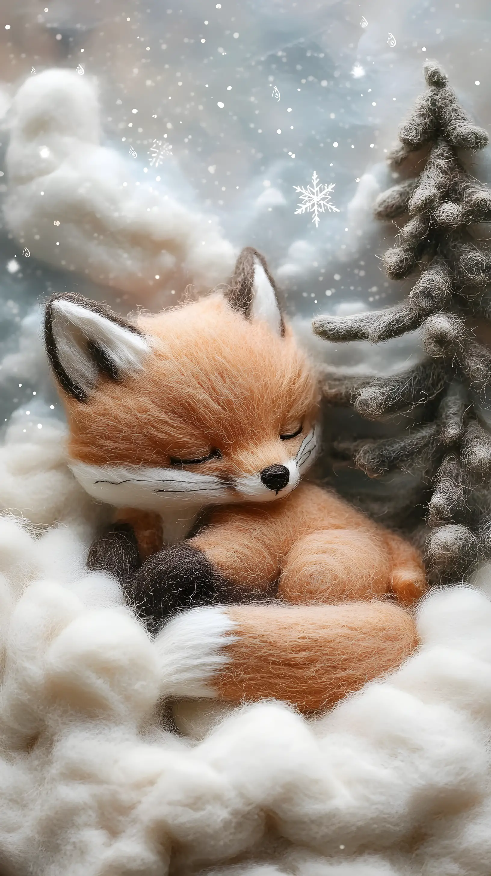 Cozy 3D knitted winter scene with baby fox