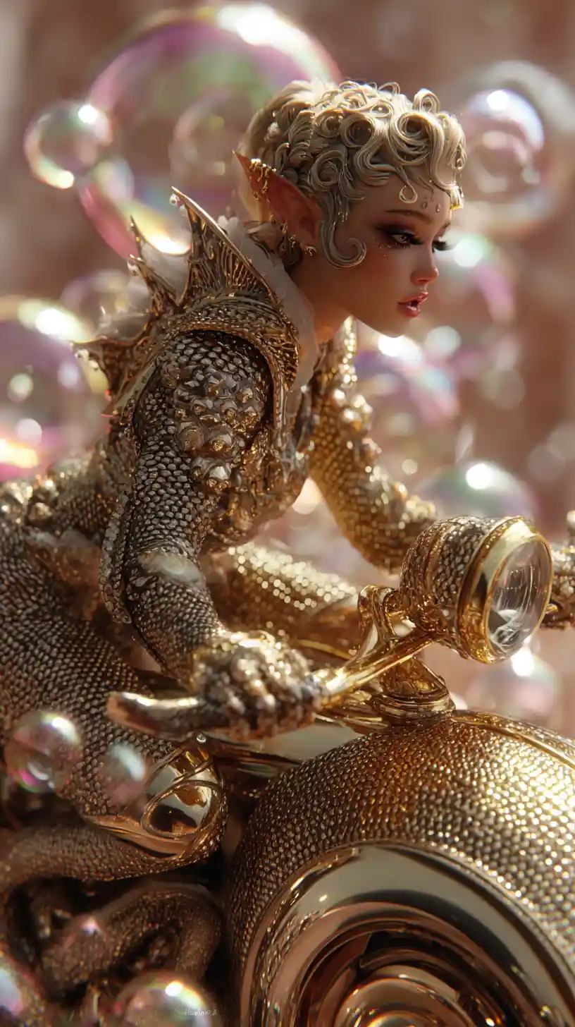 Elven woman driving a golden sidecar through bubbles