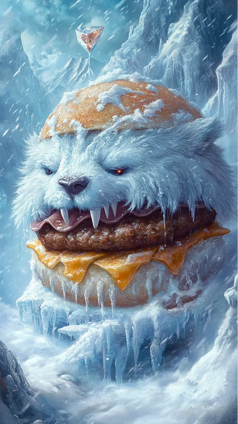 Fantasy Arctic burger creature painting in the snow