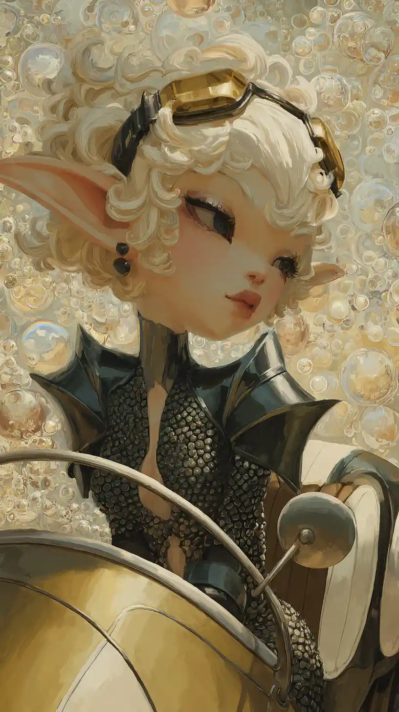 Elf like woman driving golden sidecar through bubble world