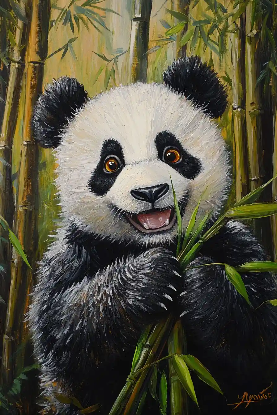 Dolce panda felice inclinato in avanti in una foresta di bambù