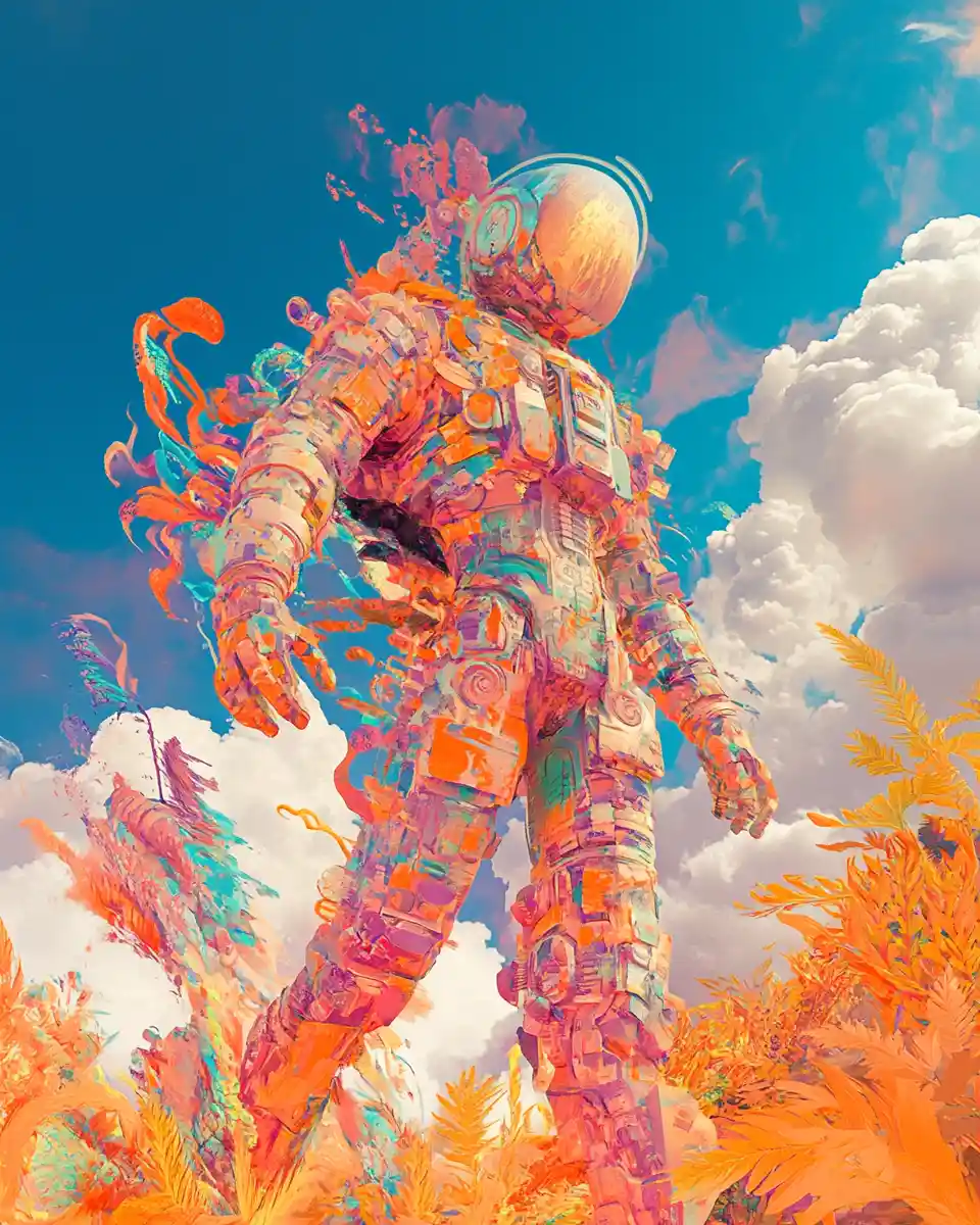 Abstract animal figure streaking across vivid swirling sky