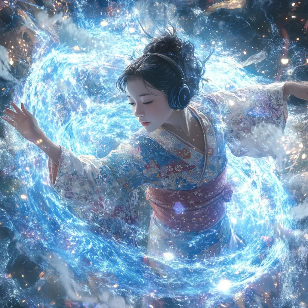 Japanese maiden dancing within a cosmic blue accretion disk