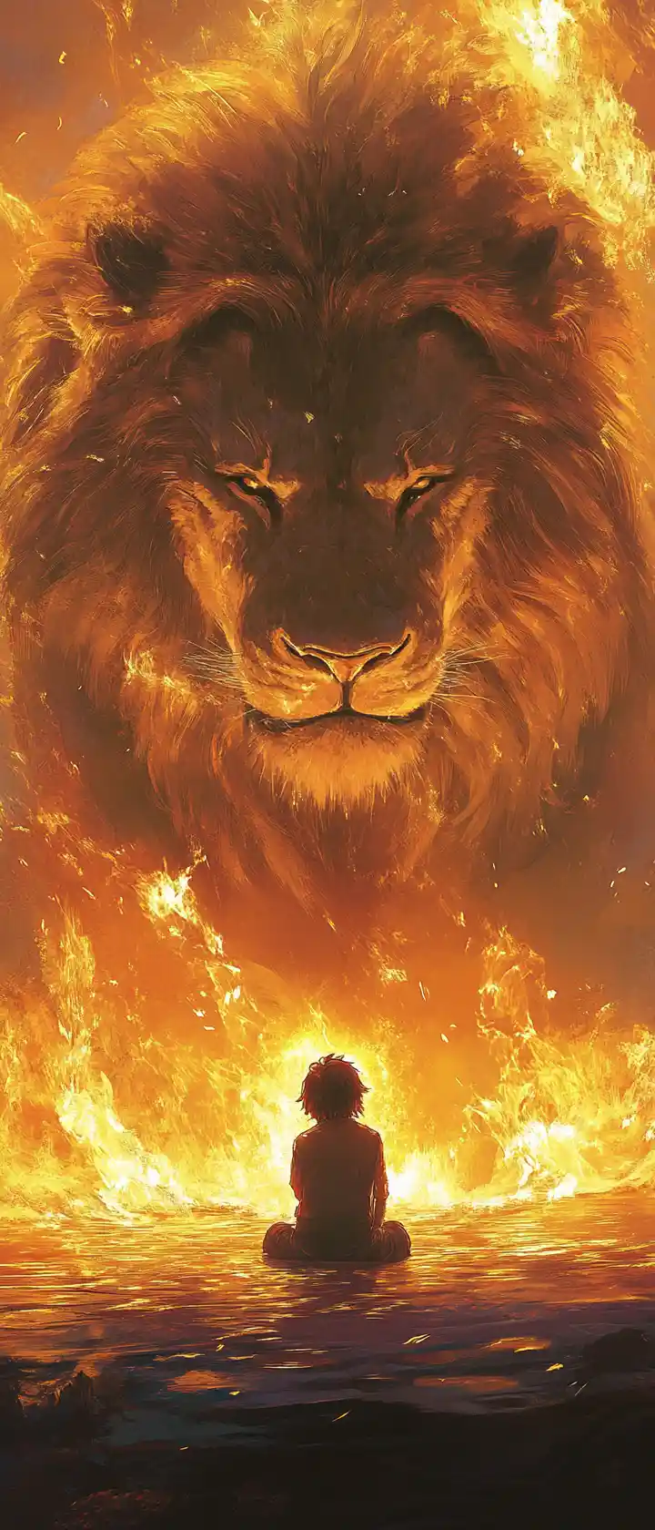 Majestic lion of fire with kneeling anime guardian