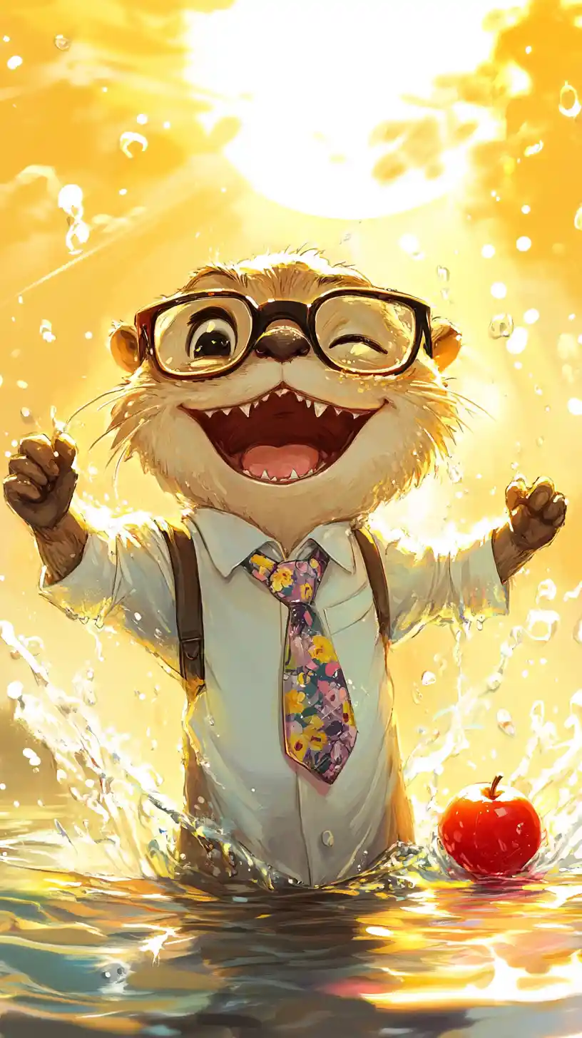Cheerful Cartoon Otter In Sunny Splashing Water Scene