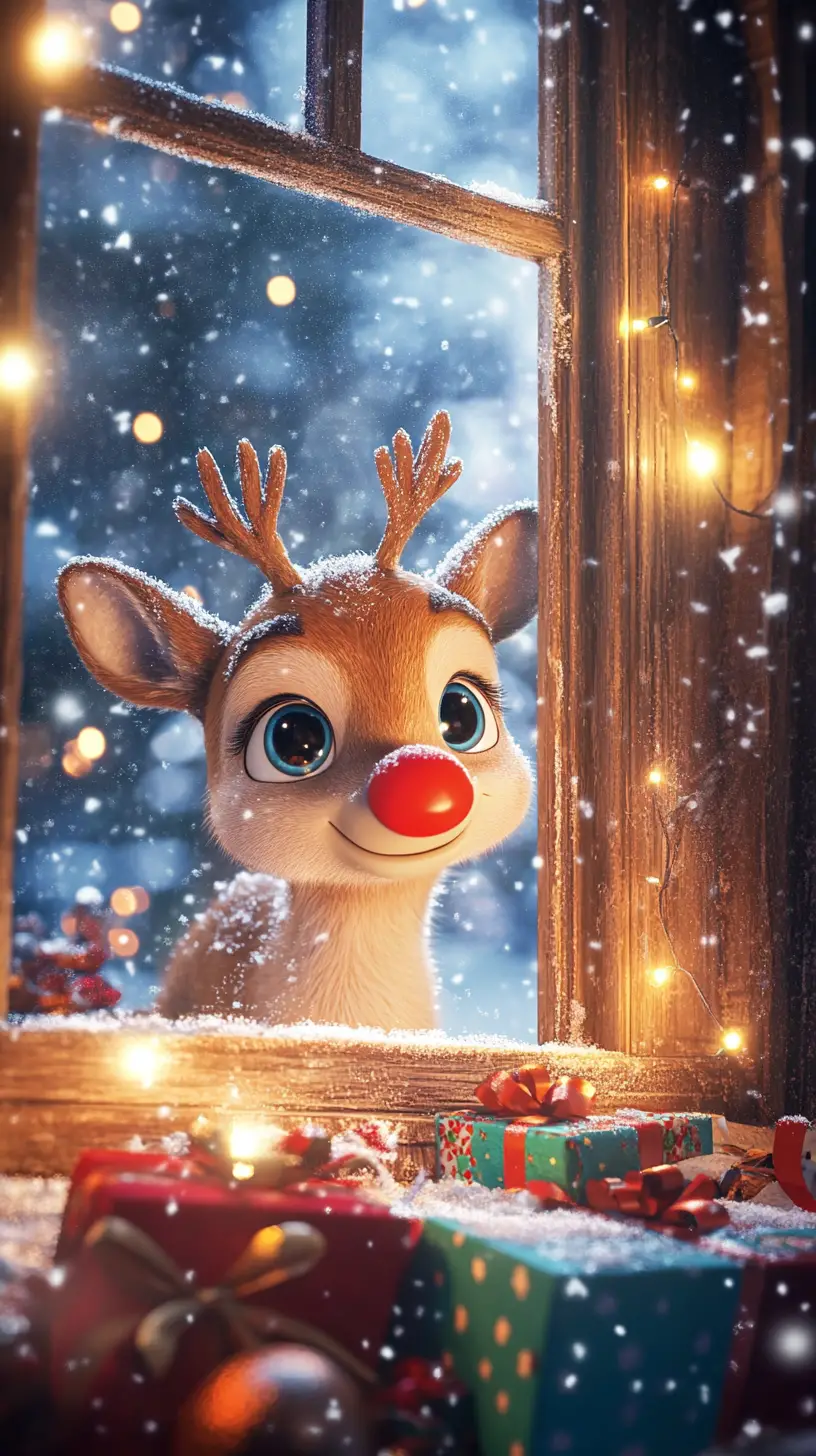 Cute reindeer peeking through frosty winter cabin window