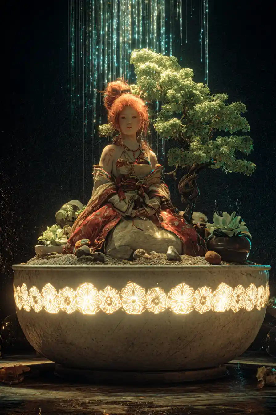 Chiaroscuro painting of a ginger goddess with bonsai tree
