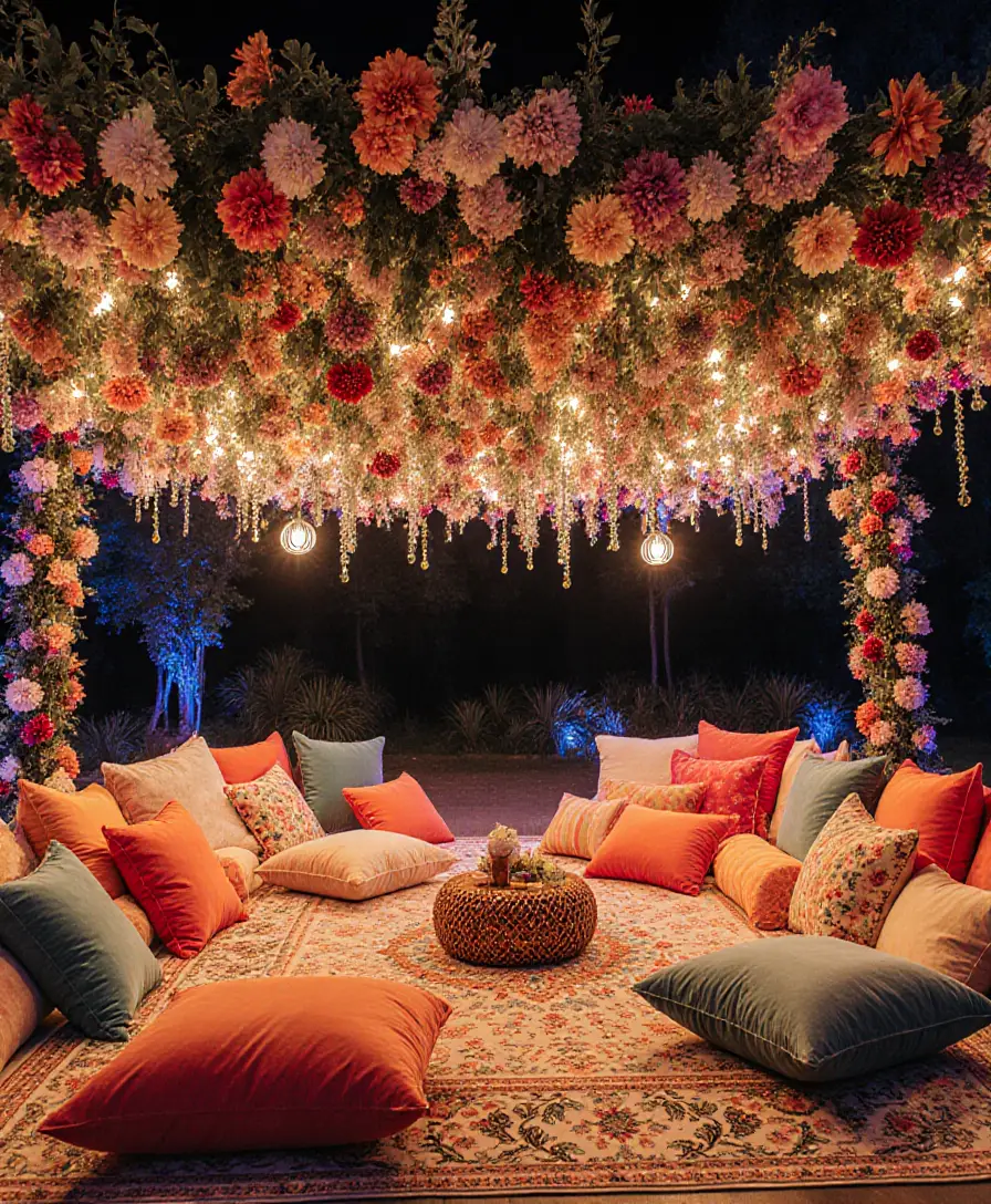 Colorful fantasy room filled with pillows and floral canopies