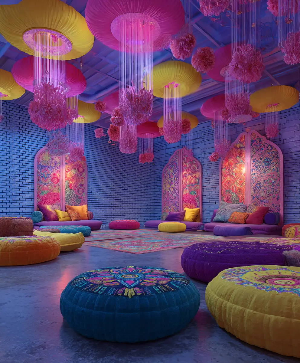 Boho meditation studio with cushions and floral canopies