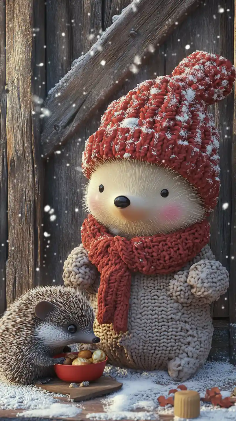 Cute knitted christmas puppet by snowy rustic barn door