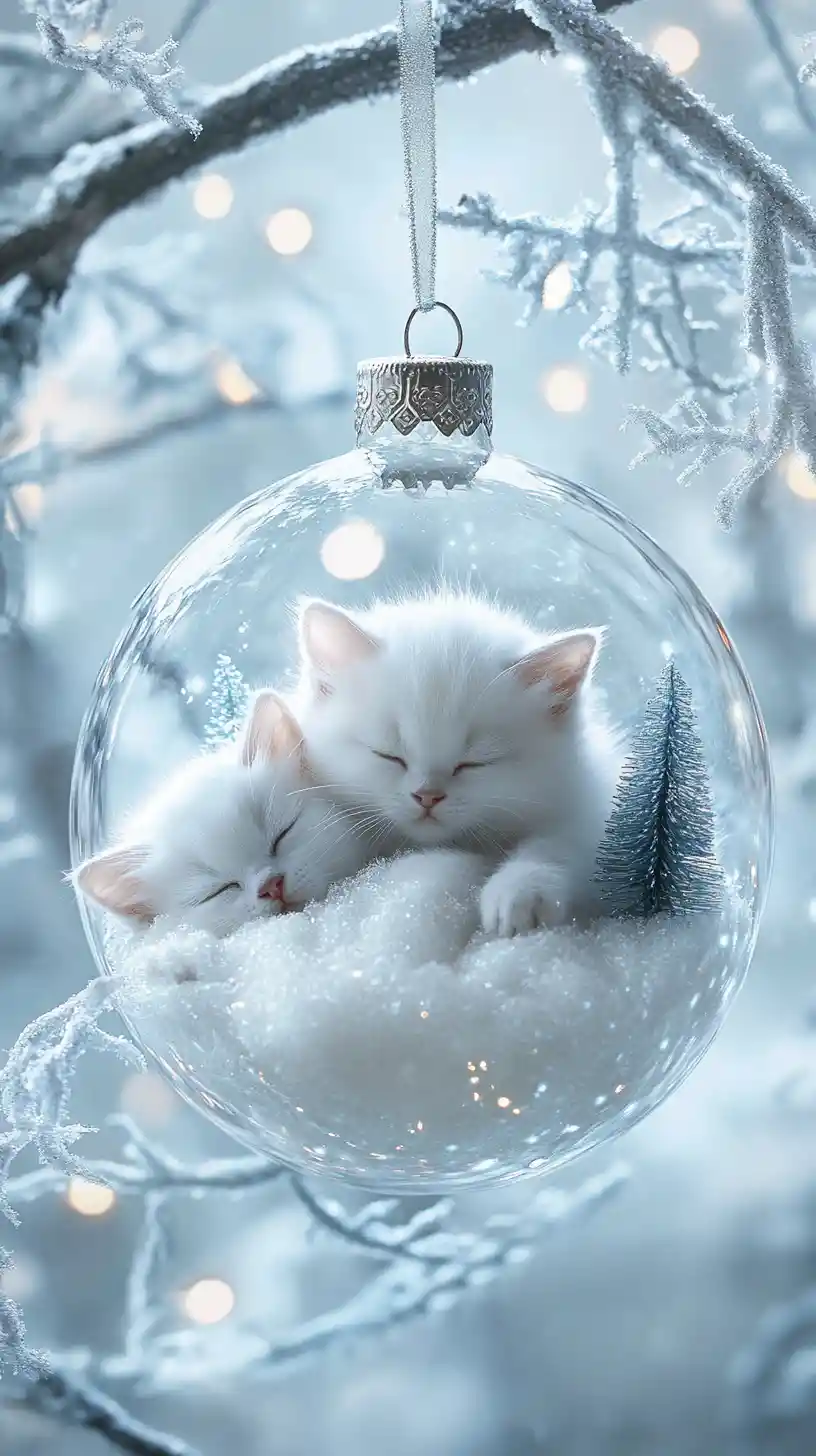 Two White Kittens Resting In A Dreamy Winter Scene