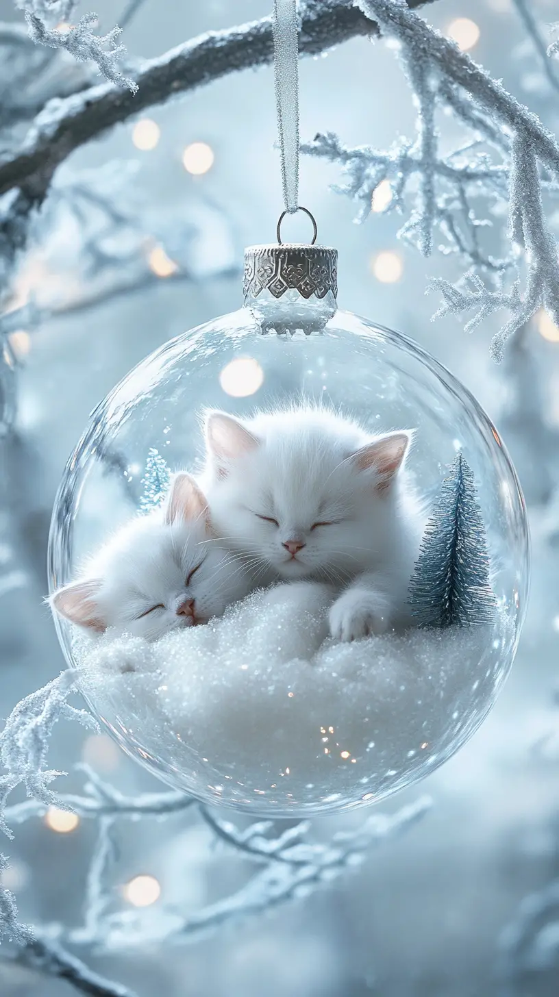Two White Kittens Resting In A Dreamy Winter Scene