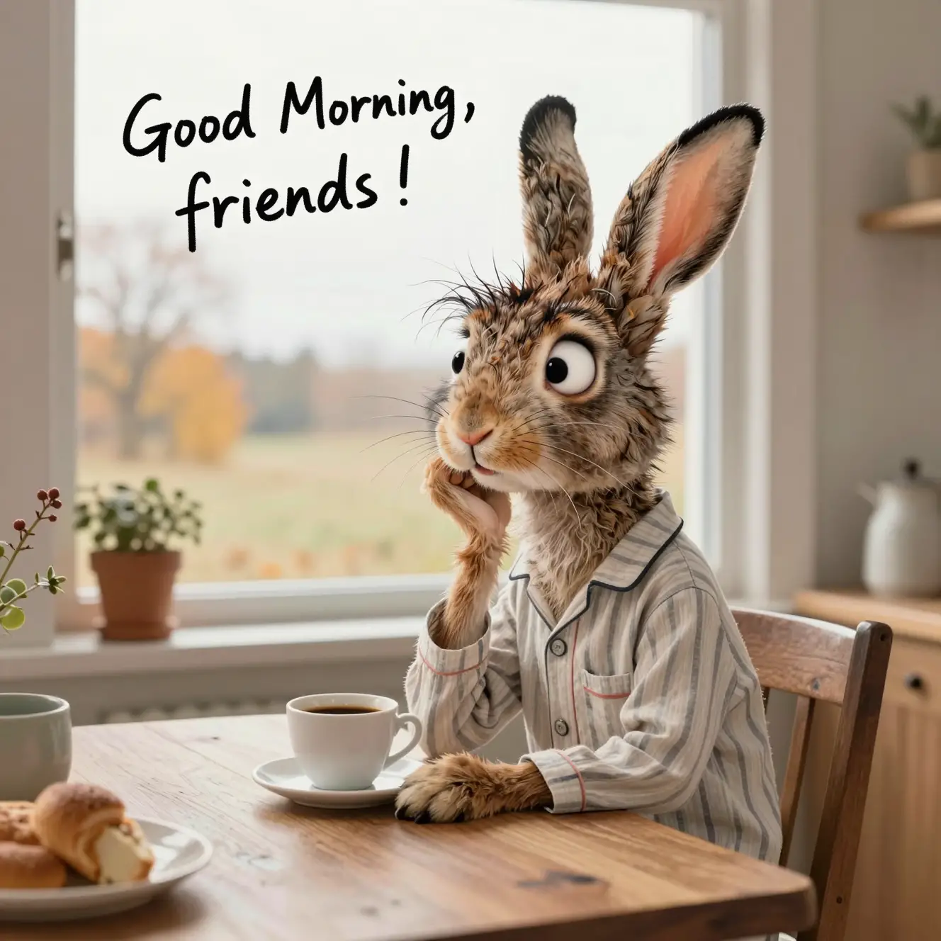 Skinny rabbit at kitchen table with morning coffee