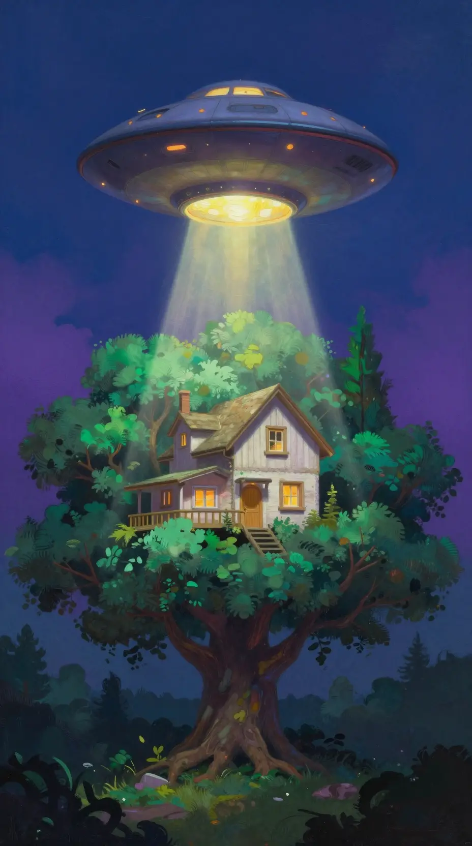 Surreal treehouse beneath a hovering ufo in the forest