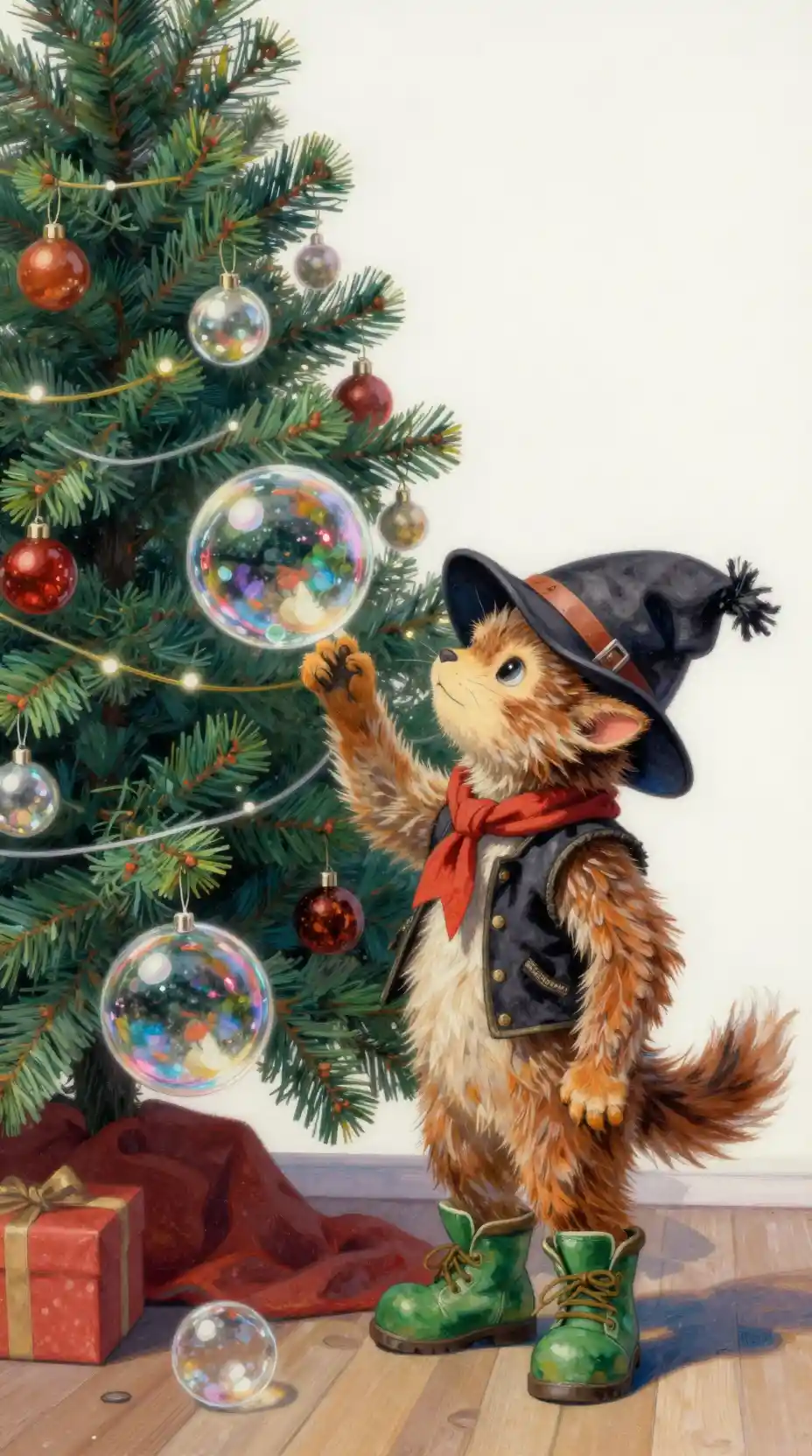 Playful elf by a Christmas tree in fantasy painting