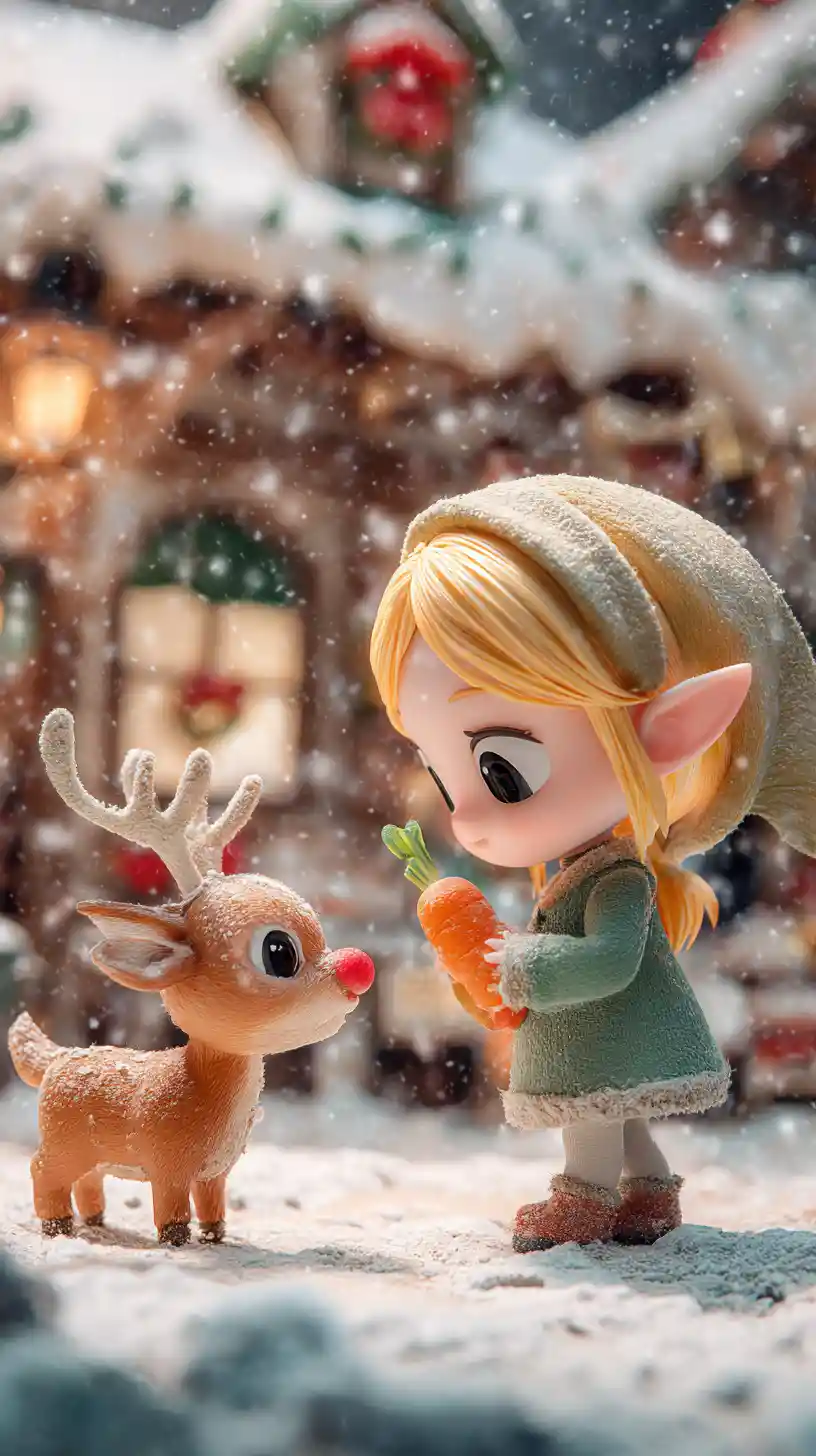 Süßes Chibi-Elfenmädchen füttert Rudolph in verschneiter Werkstatt